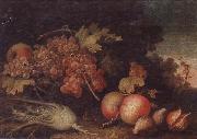 unknow artist Still lifes of Grapes,figs,apples,pears,pomegranates,black currants and fennel,within a landscape setting oil